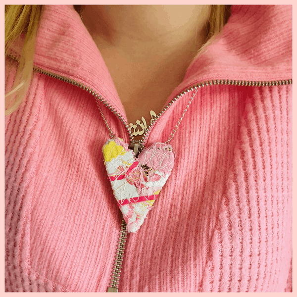 Pink and yellow scrappy Pretty in Pink pendant necklace, reduced