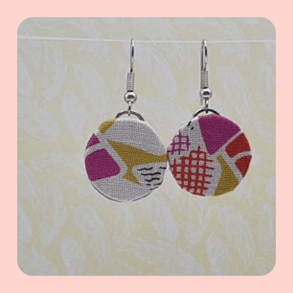 Yellow, red and purple circle fabric earrings