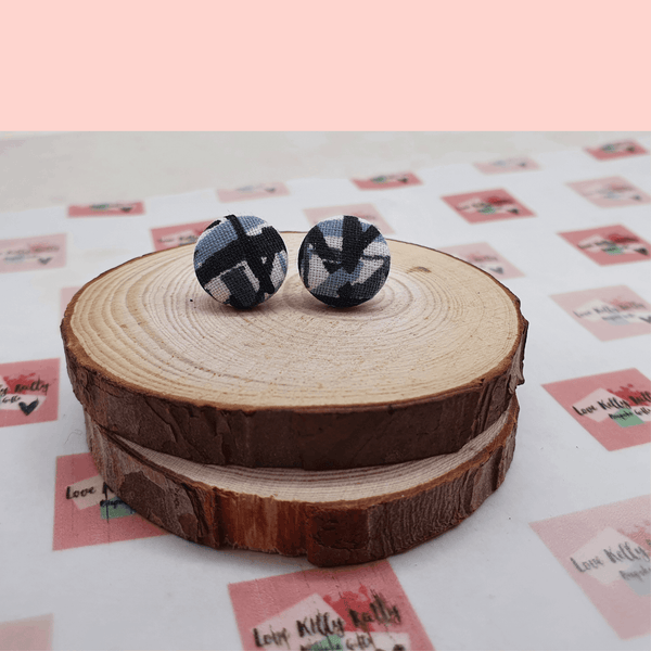 Retro black and grey stud earrings, 80’s style fabric.