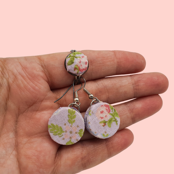 Floral Fabric dangle earrings with sterling silver earwires. Adjustable ring in silver tone alloy. gift box included