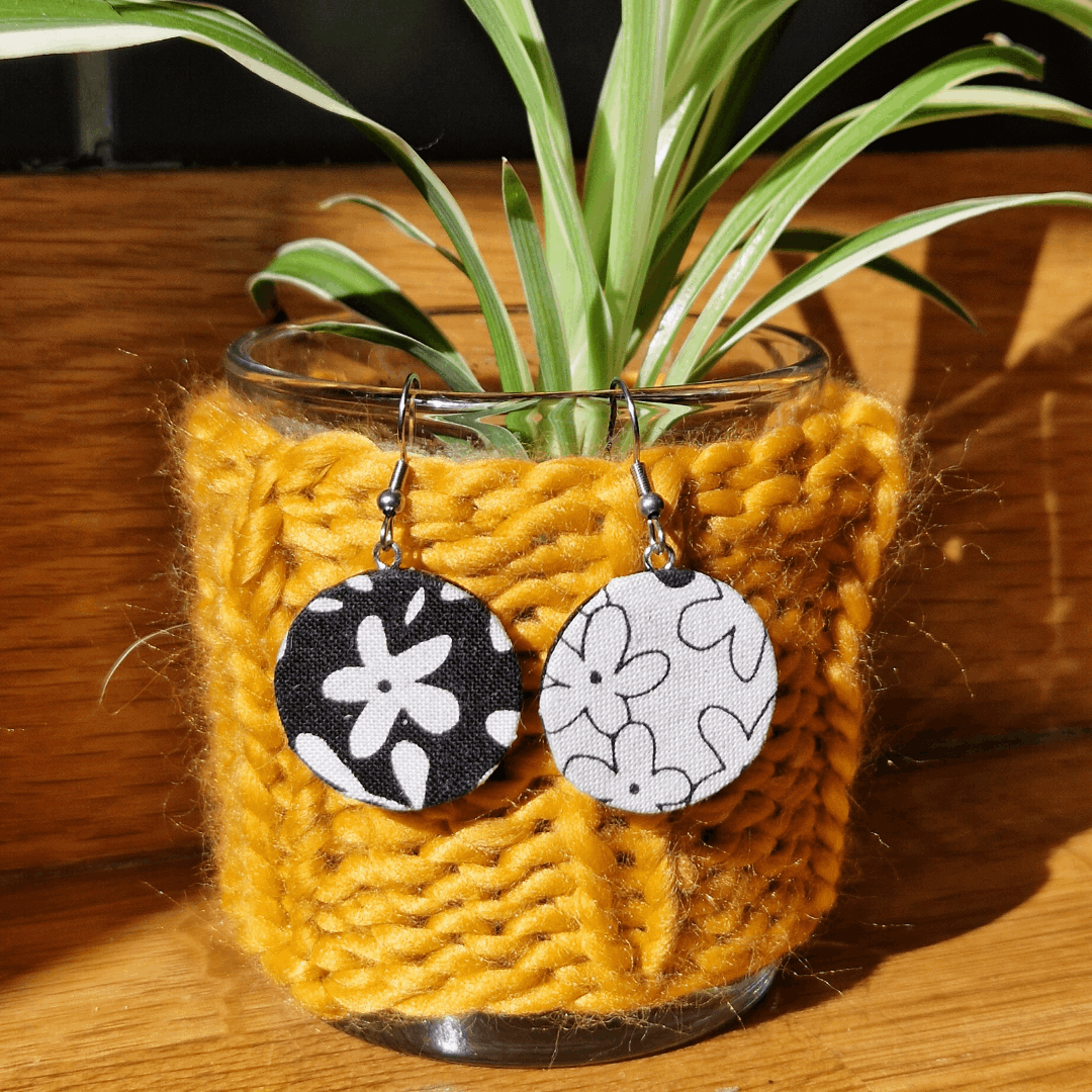 Black, white and grey floral fabric dangle earrings. multiple designs listed