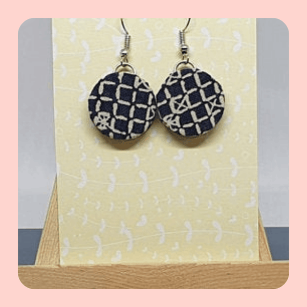 Blue and white crosshatch design fabric earrings,