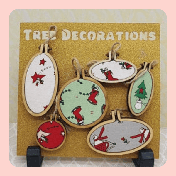 Snowman in boots themed mini embroidery hoop Christmas decorations. Set of 6.