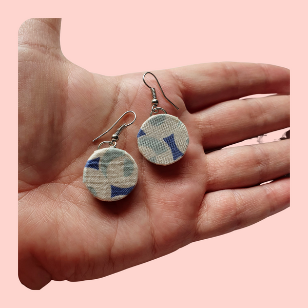 Blue and white abstract circle design fabric dangle earrings