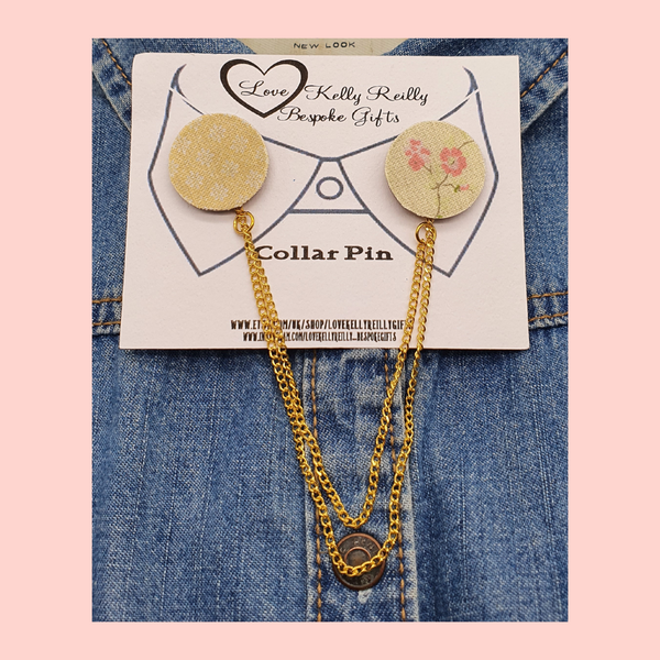 Collar Pins, Yellow floral fabric with gold plated chains.