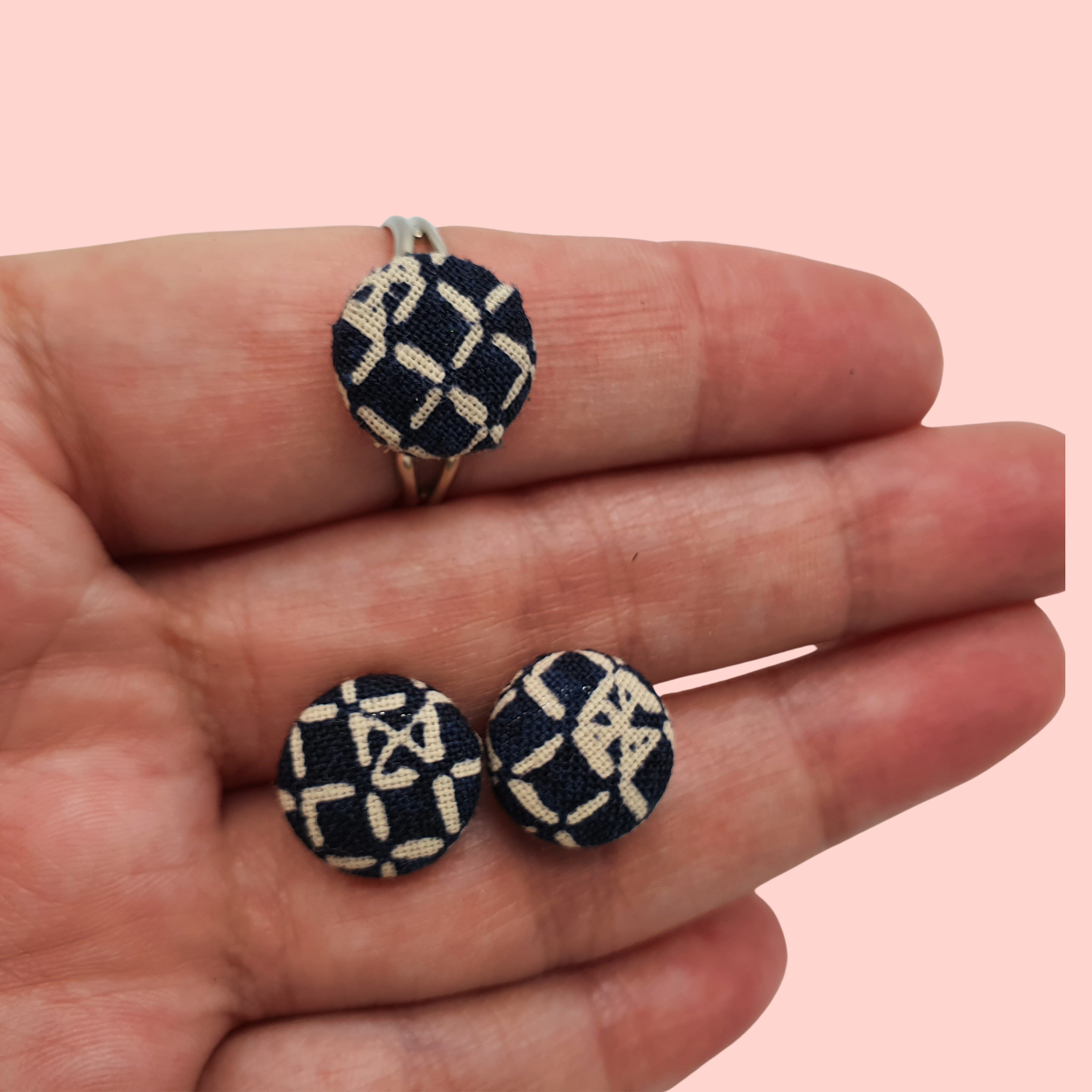 Blue Earring and ring Jewellery set Geometric fabric design.