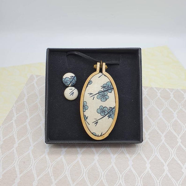 Mini embroidery hoop necklace and stud earring Jewellery set. Cherry Blossom Fabric. gift box included