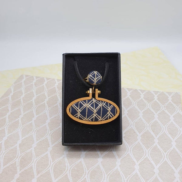 Mini Embroidery hoop oval shaped necklace with matching gold tone adjustable ring. gift box included